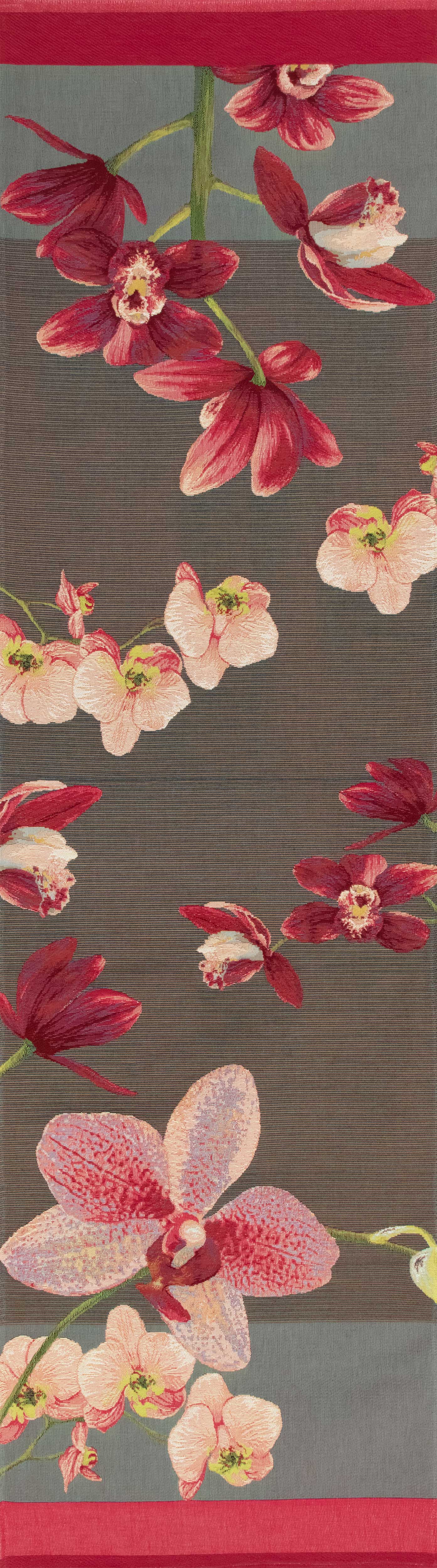 Pink Orchids Grey French Jacquard Woven Table Runner 71x19 Inch Floral Dining Decor