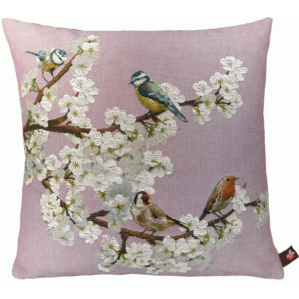 Passerines on Branch Pink French Tapestry Pillow Cover 19x19 Inch Cotton Jacquard Woven Cushion Cover
