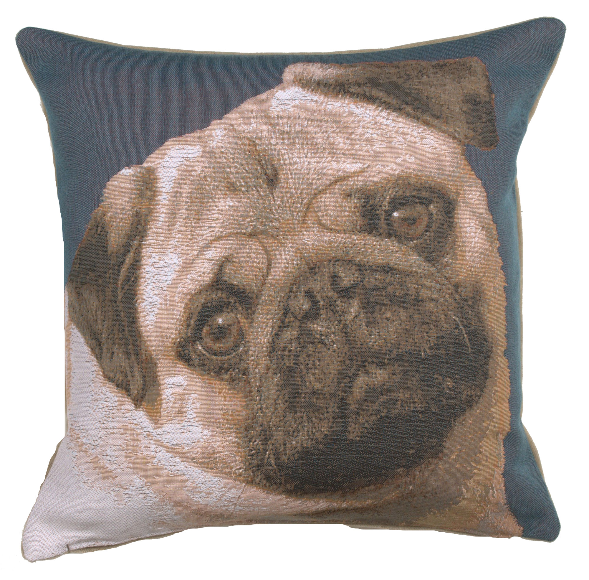 Thomas Theodor Heine Pugs Face Blue Tapestry Pillow Cover 18x18 Inch Cotton Jacquard Woven Cushion Cover