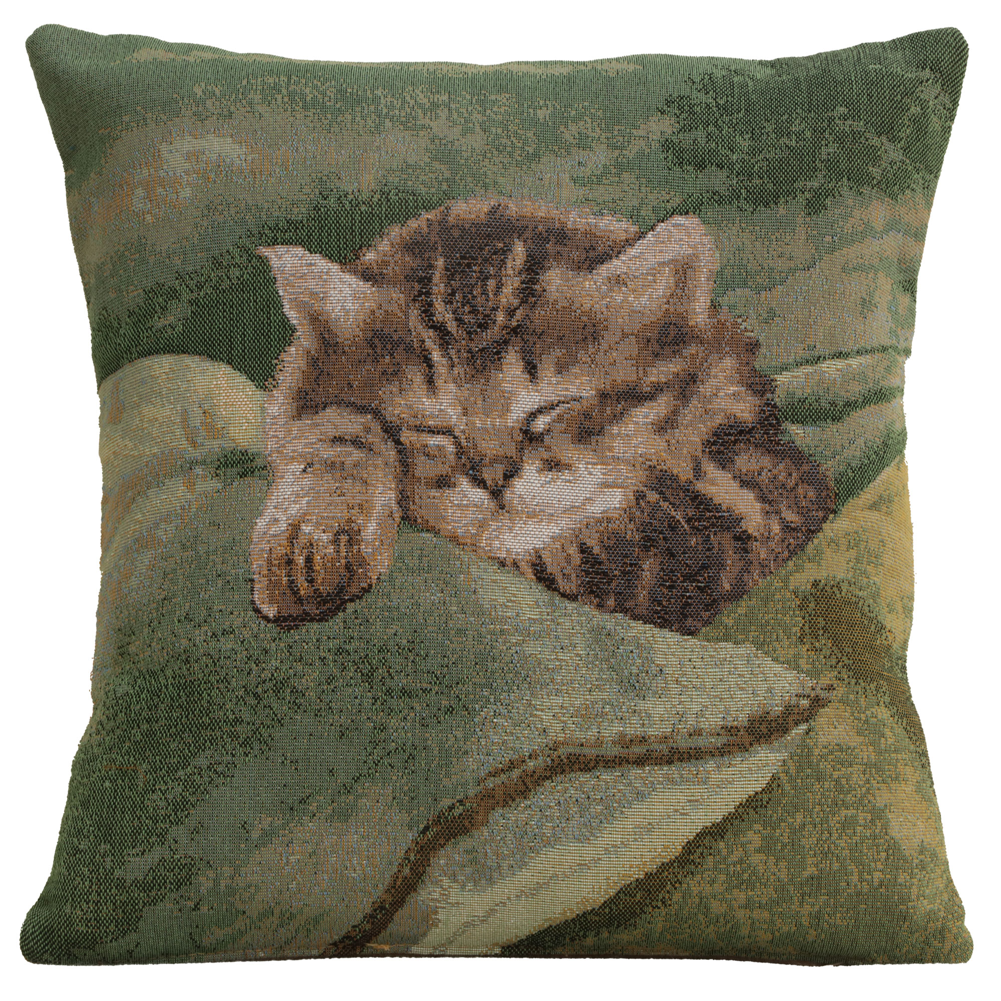 Alexandre Francois Sleeping Cat Green Tapestry Pillow Cover 14x14 Inch Cotton Jacquard Woven Cushion Cover