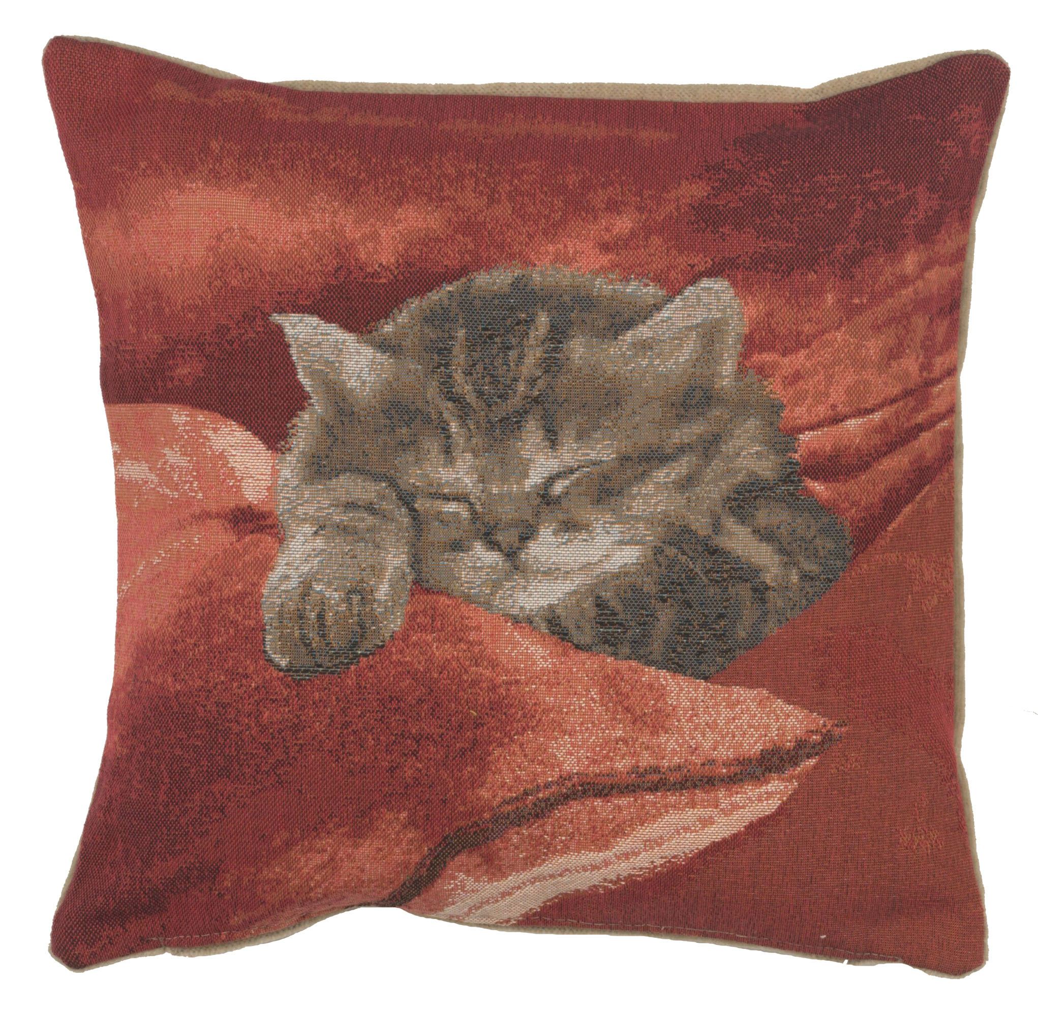 Henriette Ronner Sleeping Cat Red II Tapestry Pillow Cover 14x14 Inch Cotton Jacquard Woven Cushion Cover
