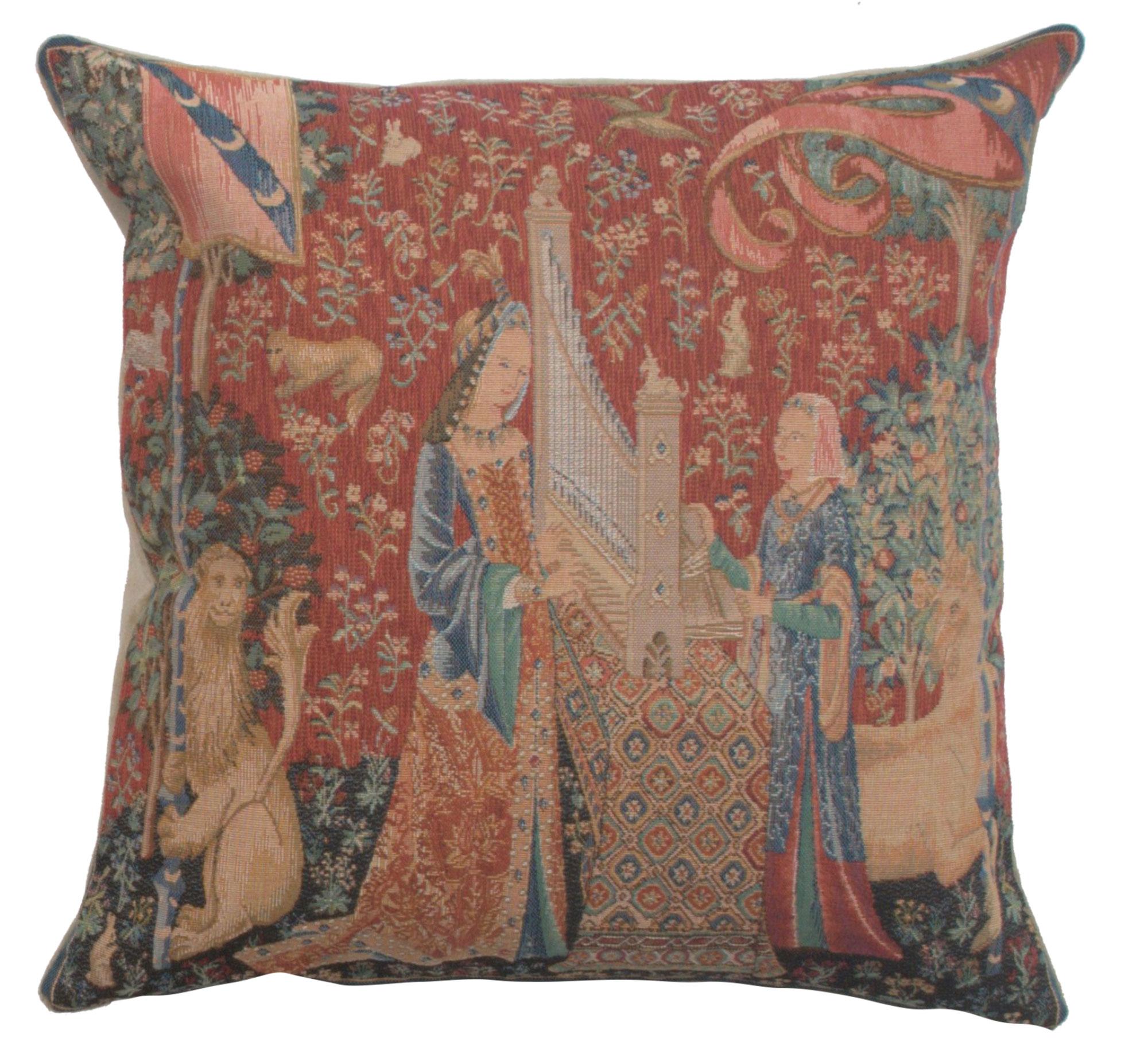 Medieval The Hearing Small Tapestry Pillow Cover 14x14 Inch Cotton Jacquard Woven Cushion Cover