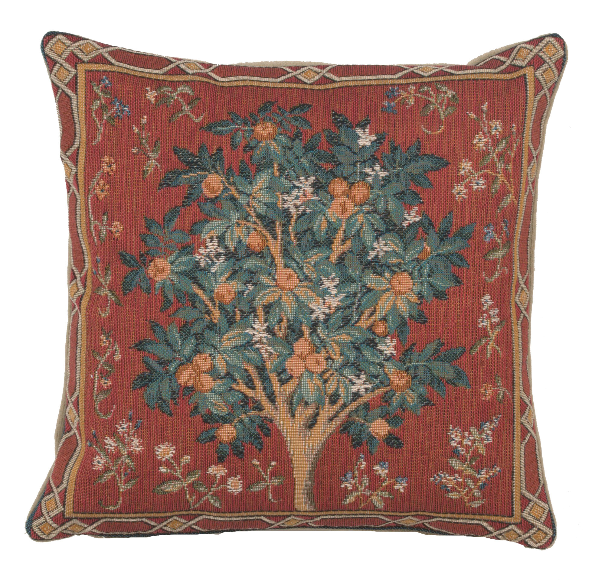 Medieval Orange Tree Small Tapestry Pillow Cover 14x14 Inch Cotton Jacquard Woven Cushion Cover