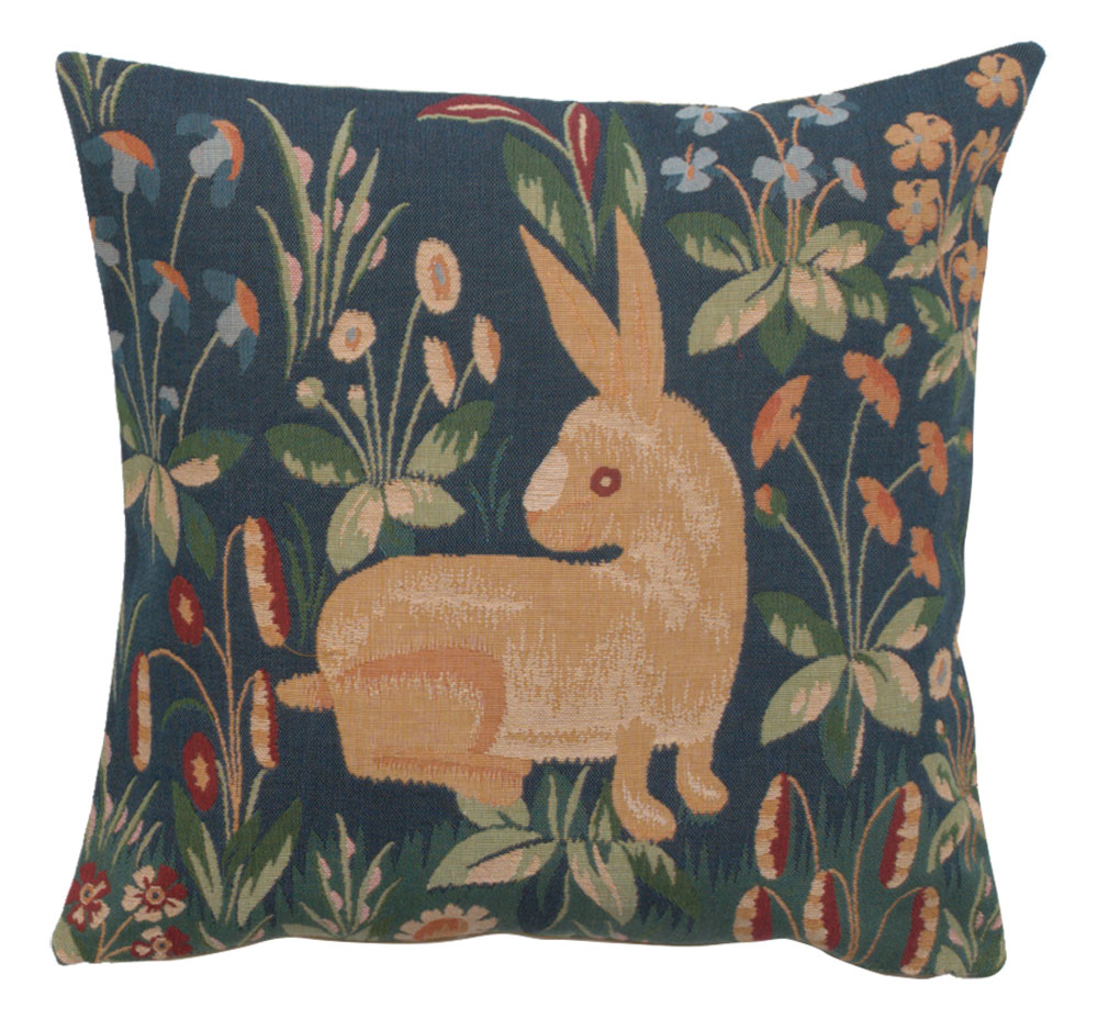 Medieval Rabbit in Blue Tapestry Pillow Cover 14x14 Inch Cotton Jacquard Woven Cushion Cover