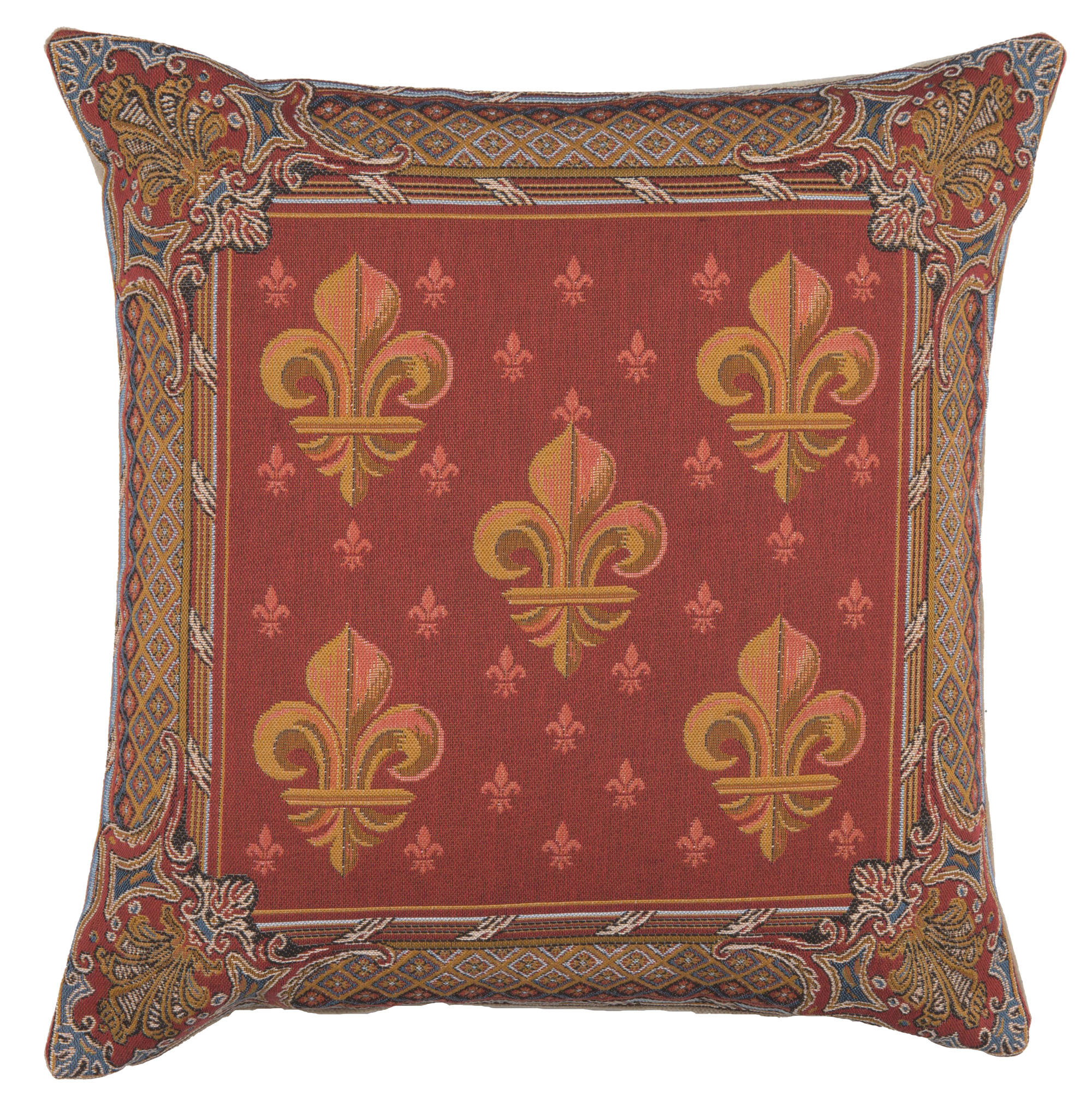Lys Flower in Red French Tapestry Pillow Cover 19x19 Inch Cotton Jacquard Woven Cushion Cover