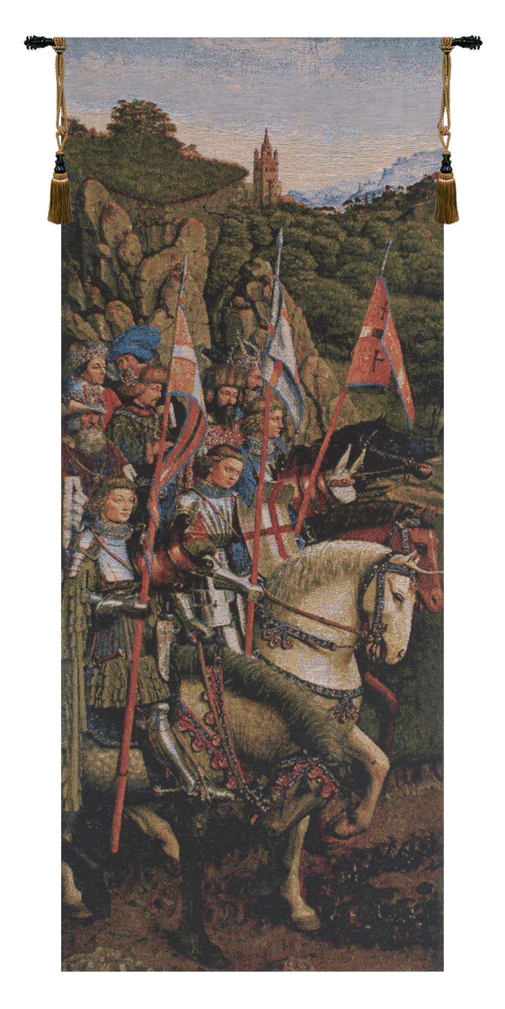 Jan van Eyck Knights Of Christ Medieval Tapestry Wall Hanging 32 x 14 in Ghent Altarpiece Christian Knights Jacquard Woven Wall Art