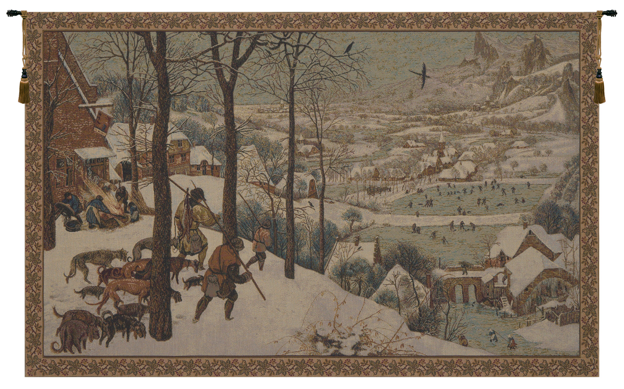 Peter Bruegel Hunters in the Snow Vintage Tapestry Wall Hanging 26 x 44 in Winter Hunting Landscape Renaissance Jacquard Woven Wall Art