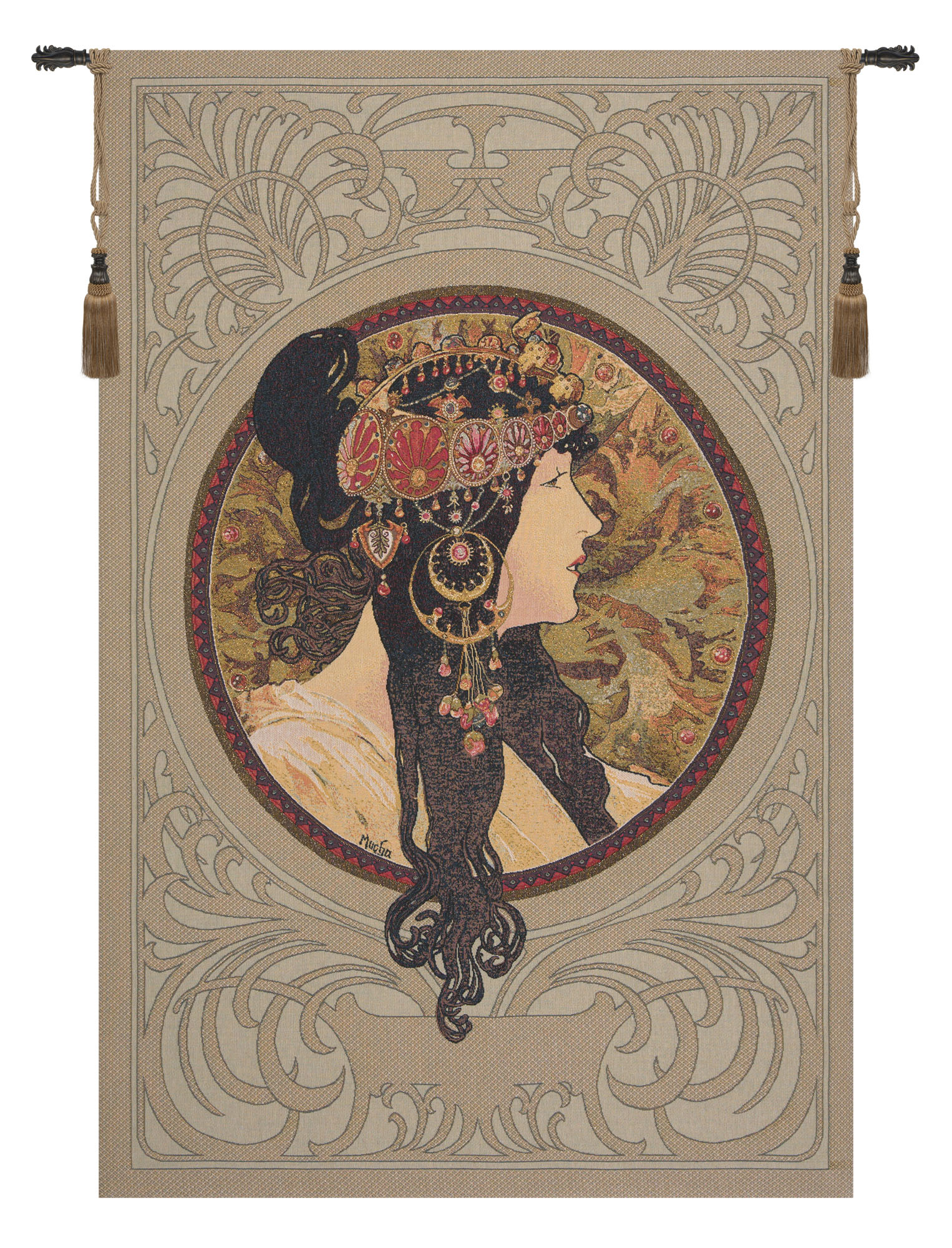 Alphonse Mucha Brunette Byzantine European Tapestry Wall Hanging 35x27 Inch Cotton Jacquard Woven Wall Tapestry
