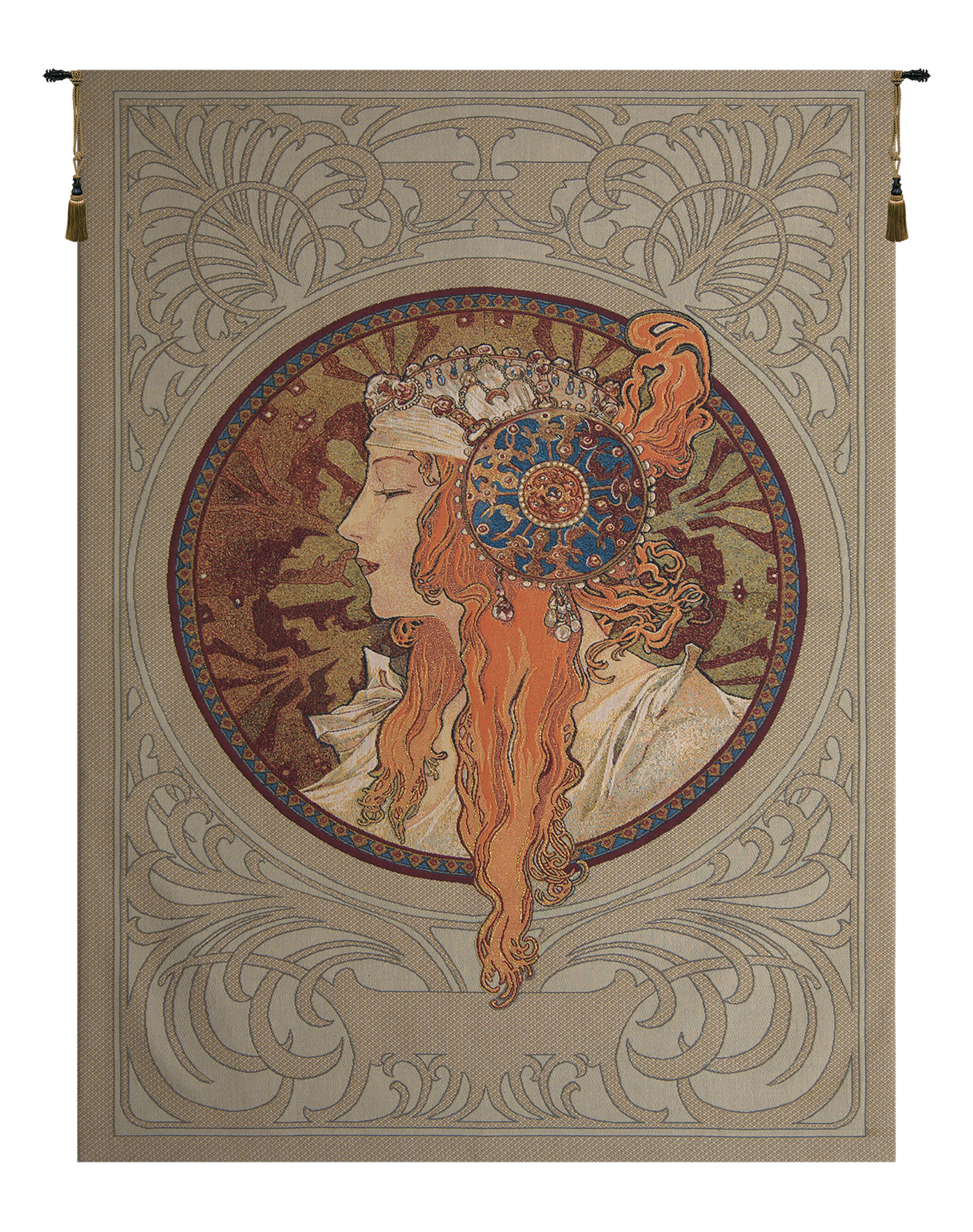 Alphonse Mucha Rousse Byzantine European Tapestry Wall Hanging 56x38 Inch Cotton Jacquard Woven Wall Tapestry