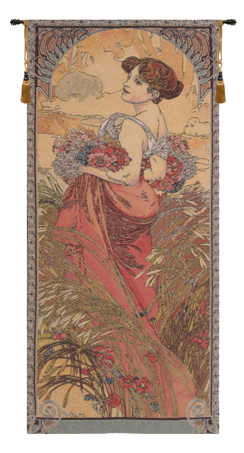 Alphonse Mucha Summer European Tapestry Wall Hanging 39x18 Inch Cotton Jacquard Woven Wall Tapestry