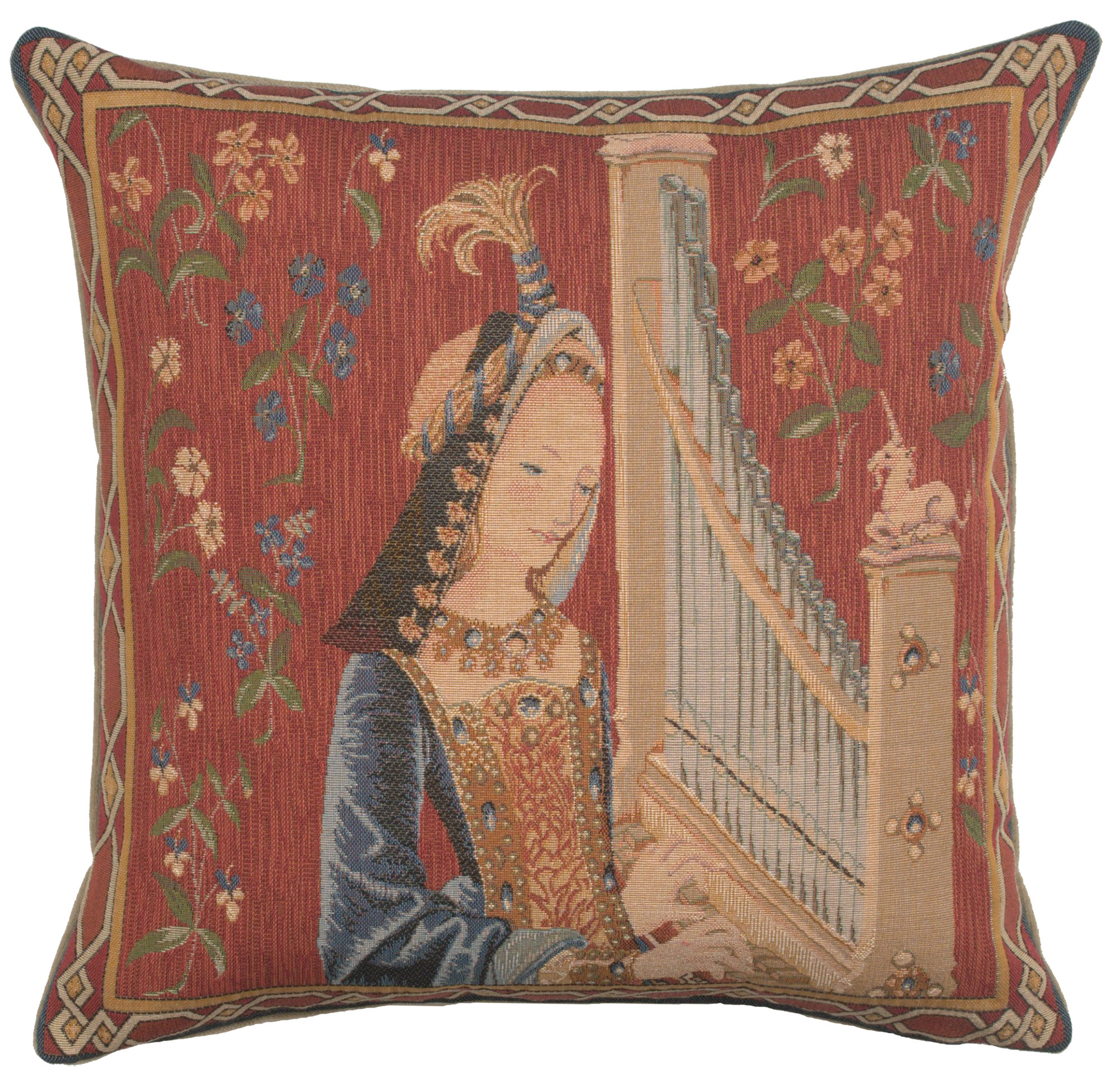 Medieval L'Ouie The Hearing Tapestry Pillow Cover 19x19 Inch Cotton Jacquard Woven Cushion Cover