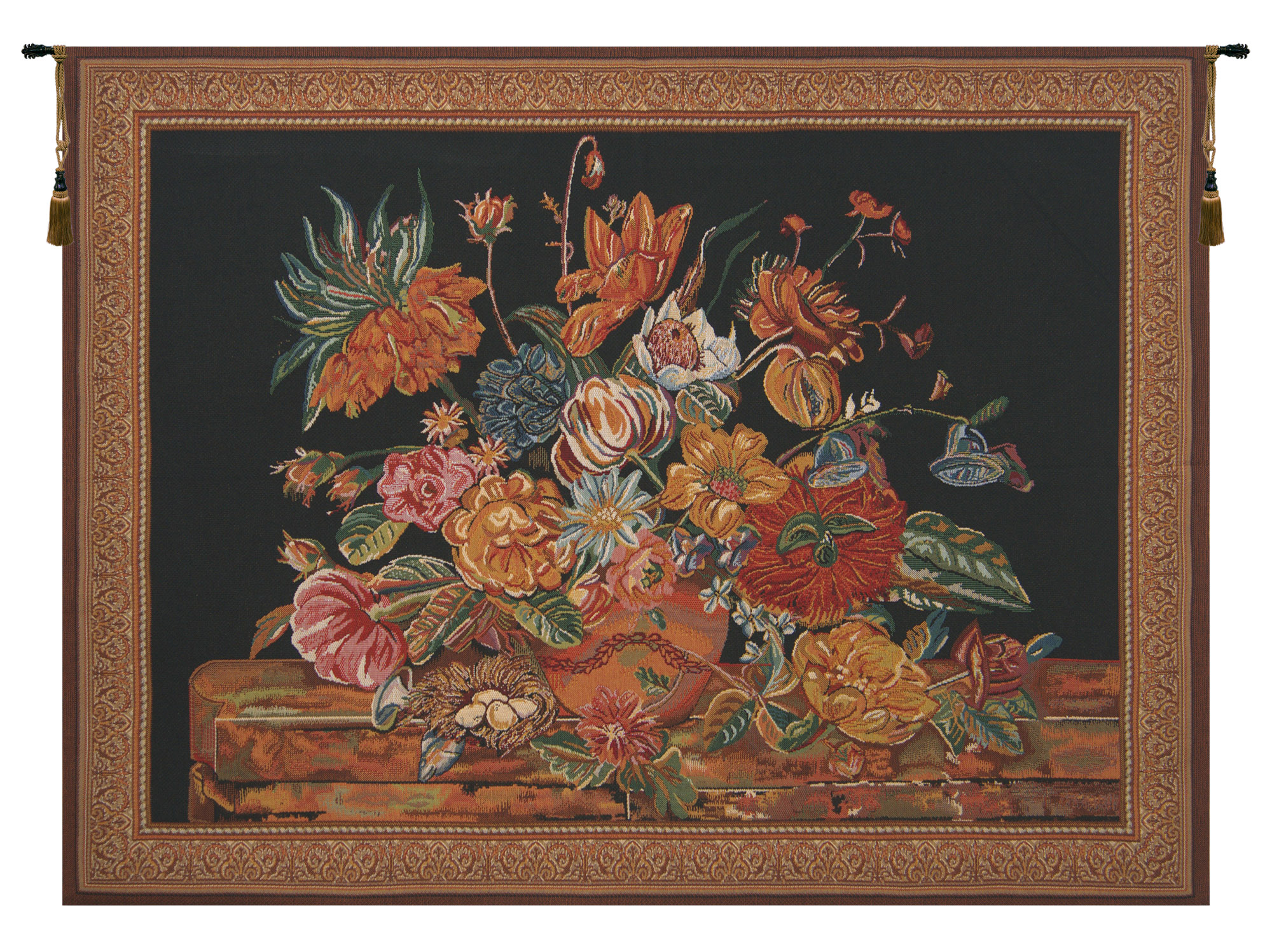 Flora Cotta Black Belgian Tapestry Wall Hanging 33x41 Inch Cotton Jacquard Woven Wall Tapestry