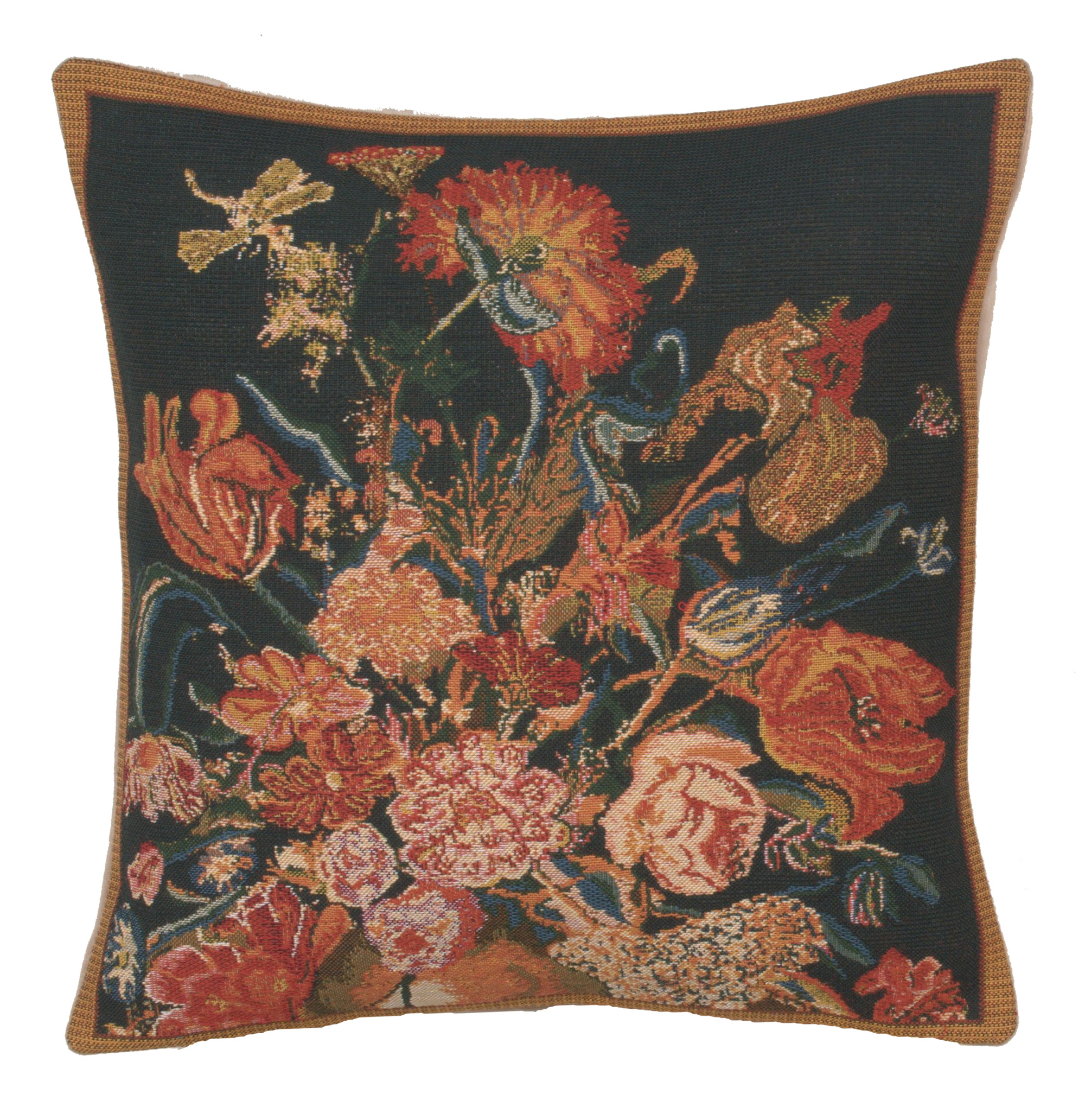 Floral Flora Cotta Black Tapestry Pillow Cover 16x16 Inch Cotton Jacquard Woven Cushion Cover