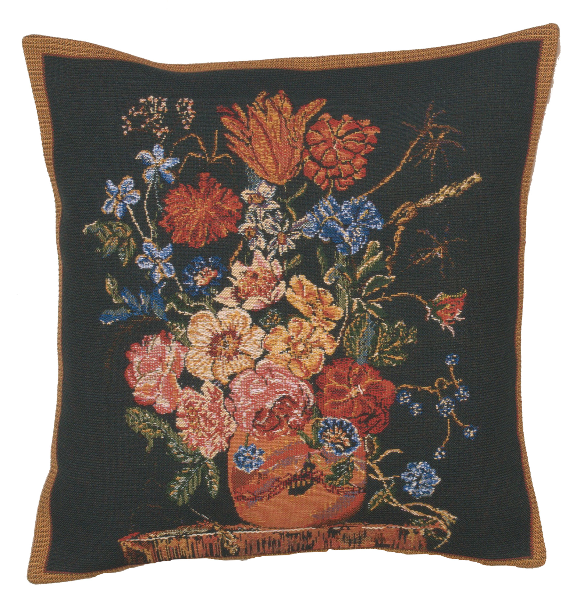 Floral Terra Cotta Black Tapestry Pillow Cover 16x16 Inch Cotton Jacquard Woven Cushion Cover