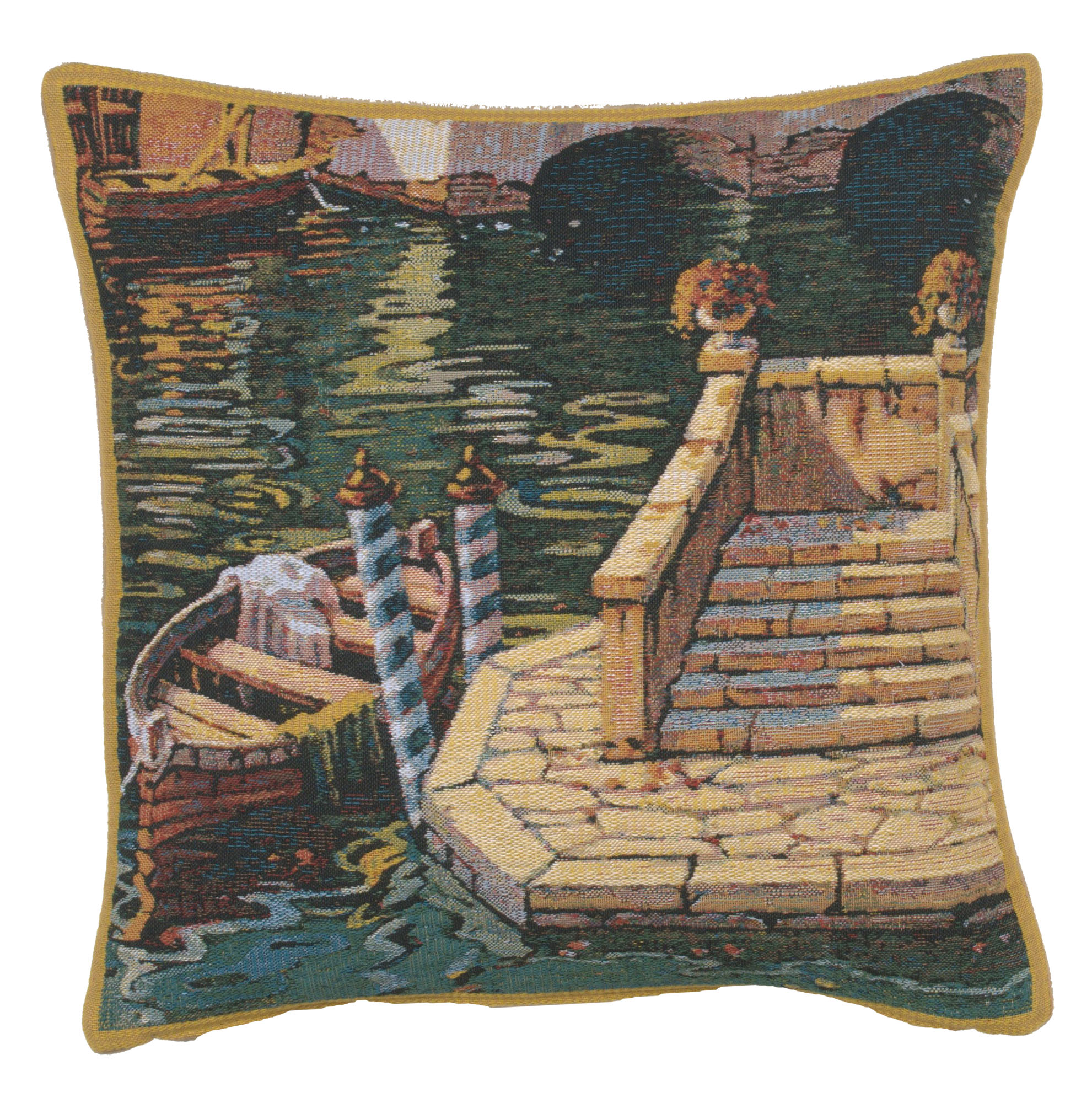Robert Pejman Varenna Reflections Boat Tapestry Pillow Cover 17x17 Inch Cotton Jacquard Woven Cushion Cover