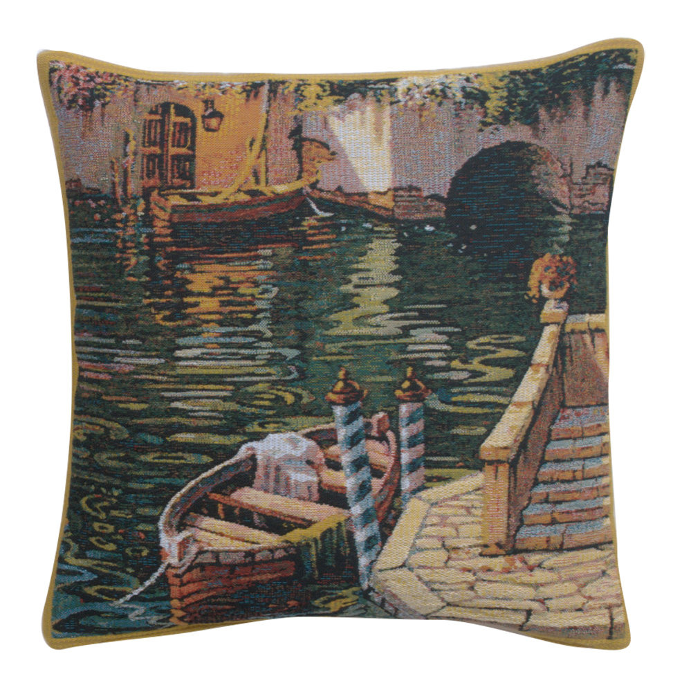 Robert Pejman Varenna Reflections Boat Tapestry Pillow Cover 17x17 Inch Cotton Jacquard Woven Cushion Cover