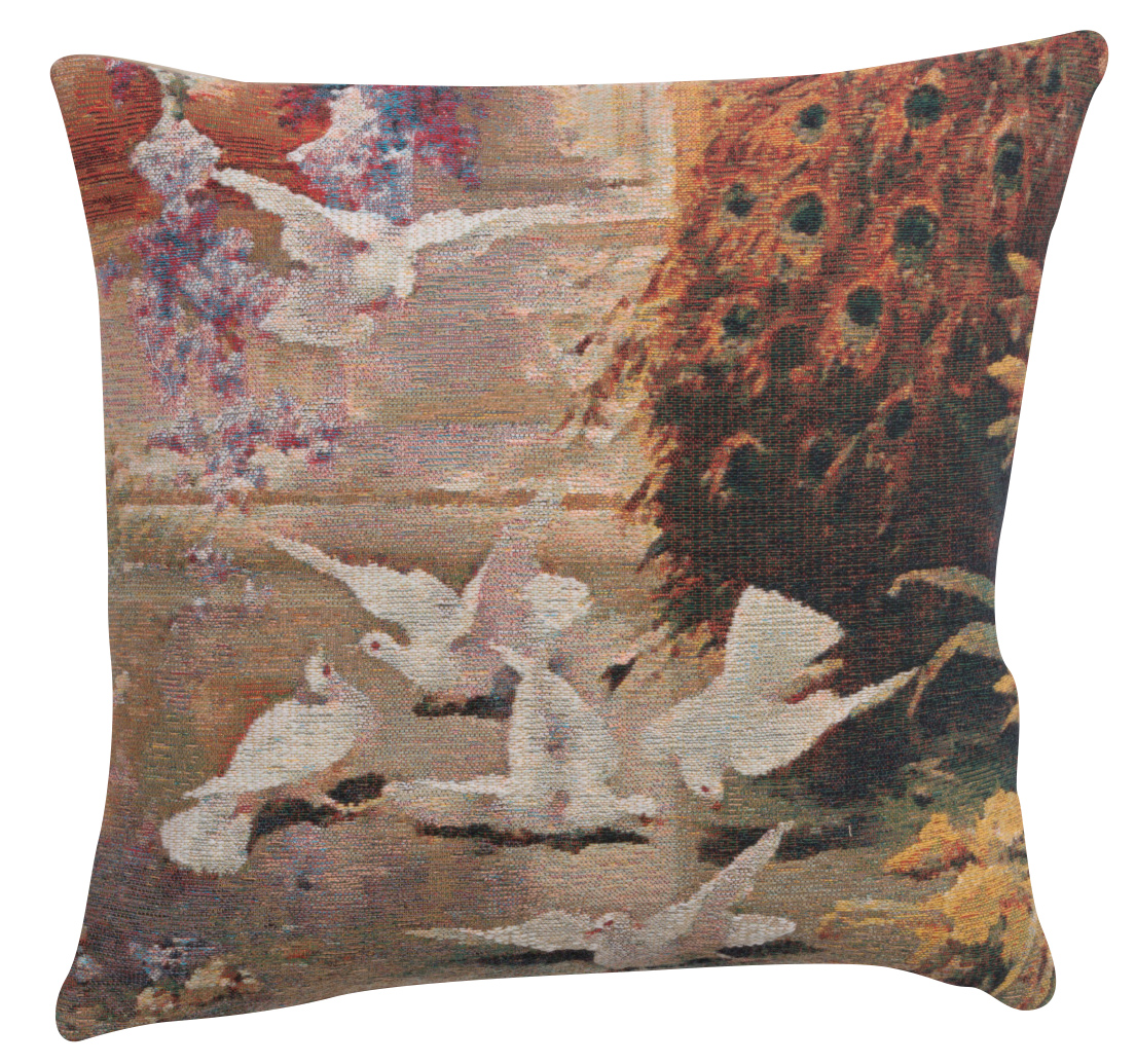 Peacock & Doves Belgian Tapestry Pillow Cover 17x17 Inch Cotton Jacquard Woven Cushion Cover