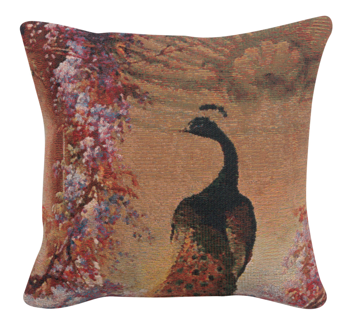 Peacock I Belgian Tapestry Pillow Cover 17x17 Inch Cotton Jacquard Woven Cushion Cover