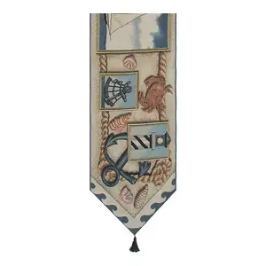 Lighthouse and Sea Shells Blue Tassel Table Runner 70x13 Inch Coastal Dining Decor
