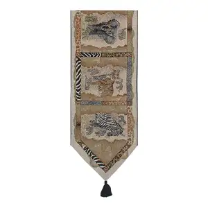 Safari Animals I Black Tassel Jacquard Woven Table Runner 72x13 Inch Wildlife Dining Decor