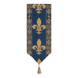 Fleur de Lys Blue V Belgian Jacquard Woven Table Runner 78x12 Inch European Decor