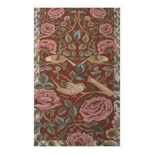 Roses and Birds II Red French Jacquard Woven Table Runner 70x19 Inch Botanical Decor