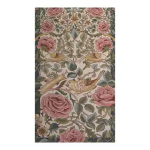 Roses and Birds II White French Jacquard Woven Table Runner 70x19 Inch Botanical Decor