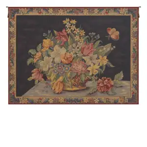 Panier de Fleurs Fond Bleu French Tapestry Wall Hanging 28x38 Inch Cotton Jacquard Woven Wall Tapestry