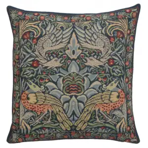 Blue Peacock Belgian Tapestry Pillow Cover 16x16 inch Cotton Jacquard Woven Cushion Cover