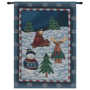 Winter's Day Play Fine Art Tapestry 36 in. x 26 in Winter Snow Scene Jacquard Woven Wall Hanging Seasonal Decor