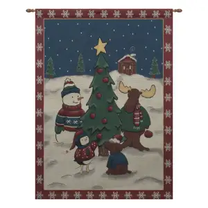 Winter Friends Fine Art Tapestry 36x26 Winter Wildlife Snow Scene Jacquard Woven Wall Hanging Seasonal Home Decor