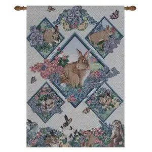 Spring Bunnies Fine Art Tapestry 36x26 Rabbit Bunny Spring Garden Jacquard Woven Wall Hanging Seasonal Home Decor