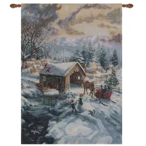 Covered Bridge Fine Art Tapestry 36 in. x 26 in Country Landscape Covered Bridge Jacquard Woven Wall Hanging Rustic Decor