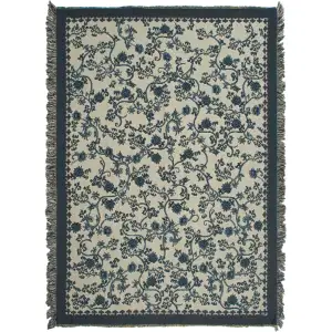 Blue Floral Jacquard Woven Afghan Tapestry Throw Blanket 70x50 Inch Botanical Home Decor