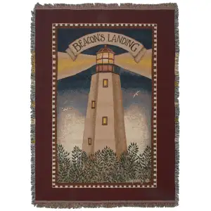 Beacon's Landing Jacquard Woven Afghan Tapestry Throw Blanket 90x55 Inch Coastal Lighthouse Decor