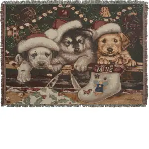 Christmas Stocking Puppies Jacquard Woven Afghan Tapestry Throw Blanket 54x74 Inch Holiday Decor