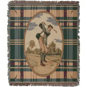 Victorian Mens Golfer Jacquard Woven Afghan Tapestry Throw Blanket 70x50 Inch Golf Decor