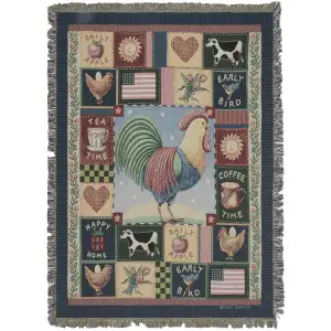Americana Rooster Jacquard Woven Afghan Tapestry Throw Blanket 70x50 Inch Country Farmhouse Decor