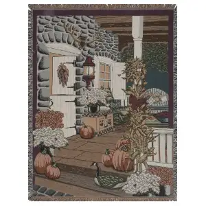 Autumn Porch Jacquard Woven Afghan Tapestry Throw Blanket 70x50 Inch Fall Country Decor