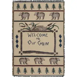Welcome To Our Cabin Jacquard Woven Afghan Tapestry Throw Blanket 70x50 Inch Rustic Decor