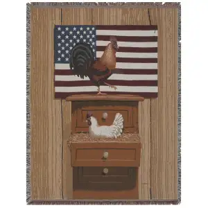 Americana Rooster and Hen Jacquard Woven Afghan Tapestry Throw Blanket 70x50 Inch Farmhouse Decor