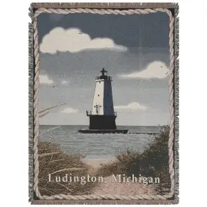 Ludington Lighthouse Jacquard Woven Afghan Tapestry Throw Blanket 70x50 Inch Nautical Coastal Decor
