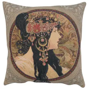 Alphonse Mucha Brunette Tapestry Pillow Cover 18x18 Inch Cotton Jacquard Woven Cushion Cover