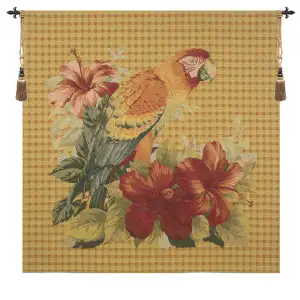 Albert Williams Floral Parrot with Squares European Tapestry Wall Hanging 55x55 Inch Cotton Jacquard Woven Wall Tapestry