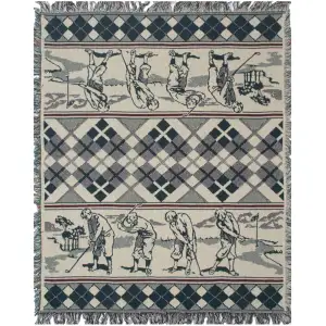 Golfer Green Plaid Jacquard Woven Afghan Tapestry Throw Blanket 55x45 Inch Golf Decor