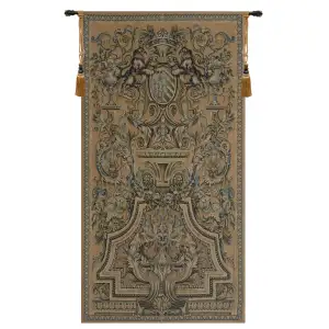 Vintage Heraldic Taupe Tapestry Wall Hanging 51 x 26 in Medieval Coat of Arms Jacquard Woven Wall Art