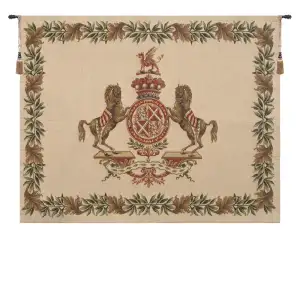 Horse Crest Beige Decorative Tapestry Wall Hanging 27 x 35 in Equestrian Heraldic Jacquard Woven Wall Art