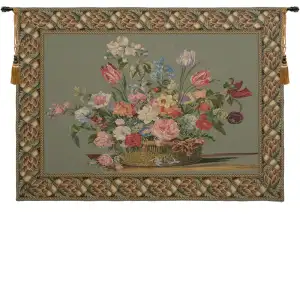 Jan van Huysum Flower Basket Green European Tapestry Wall Hanging 42x58 Inch Cotton Jacquard Woven Wall Tapestry