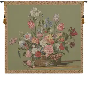 Jan van Huysum Flower Basket Green Small European Tapestry Wall Hanging 23x26 Inch Cotton Jacquard Woven Wall Tapestry