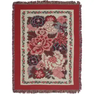 Flowers In Red Jacquard Woven Afghan Tapestry Throw Blanket 60x45 Inch Floral Decor